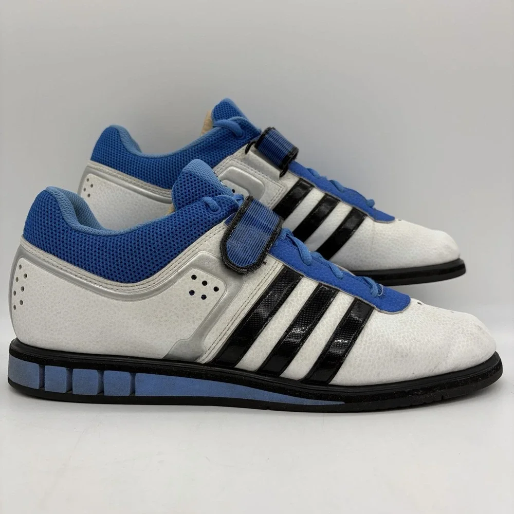 Adidas Mens 11 Powerlift 2 Weightlifting Shoes Blue & White w/ Black 3-Stripes